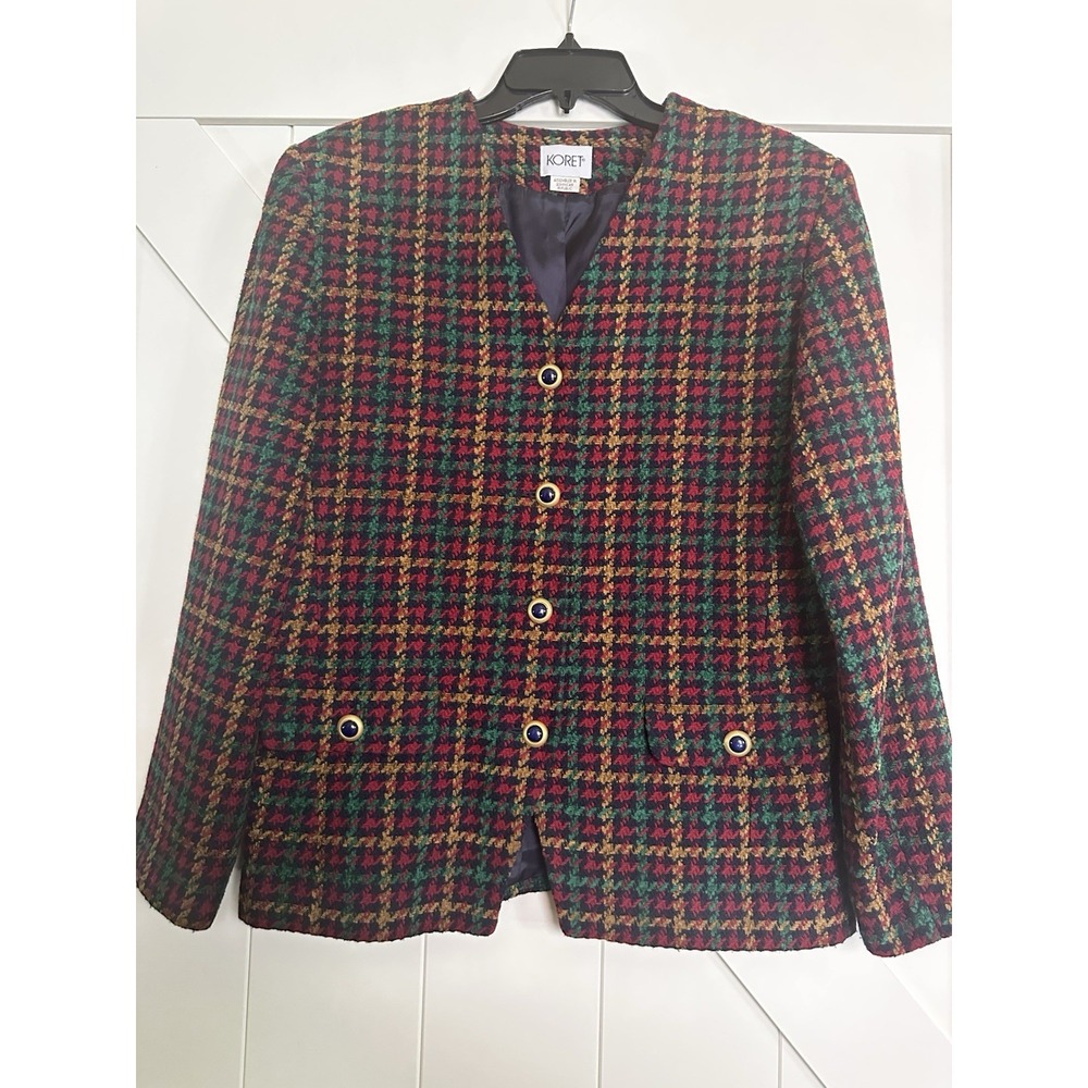 VINTAGE KORET WOMENS‎ BUTTON MULTI PLAID HOUNDSTOOTH BLAZER JACKET~10